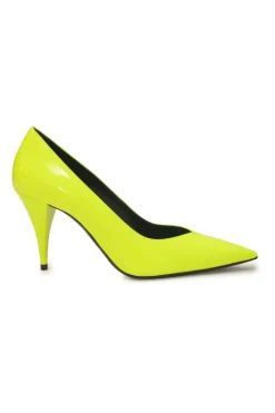 Fluo yellow leather Kiki pointed-toe V-neck cone heel pumps