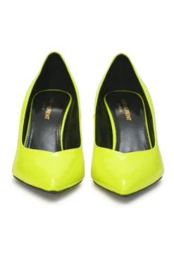 Fluo yellow leather Kiki pointed-toe V-neck cone heel pumps