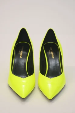 Fluo yellow leather Kiki pointed-toe V-neck cone heel pumps