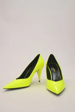 Fluo yellow leather Kiki pointed-toe V-neck cone heel pumps