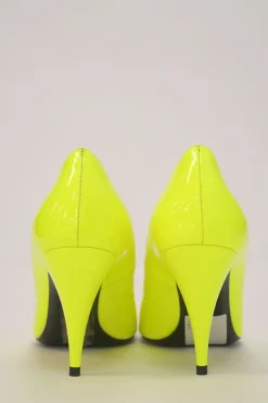 Fluo yellow leather Kiki pointed-toe V-neck cone heel pumps