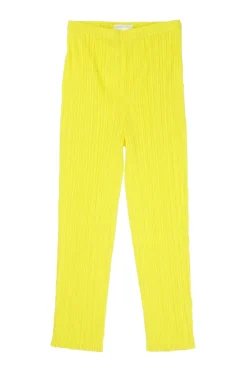 Fluo yellow polyester pull-on high-rise skinny plissé pants with elasticated waistband