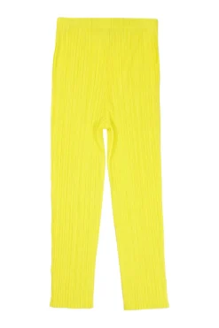 Fluo yellow polyester pull-on high-rise skinny plissé pants with elasticated waistband