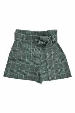 Forest green acrylic-blend Glen check tweed pull-on high-rise tie-waist shorts