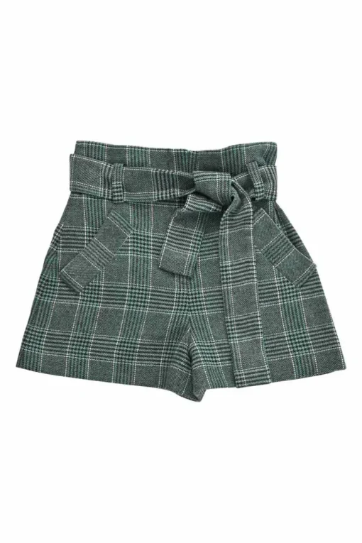 Forest green acrylic-blend Glen check tweed pull-on high-rise tie-waist shorts