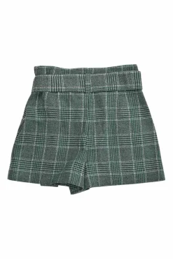 Forest green acrylic-blend Glen check tweed pull-on high-rise tie-waist shorts