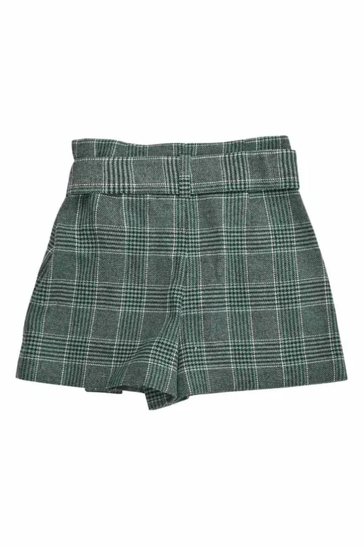 Forest green acrylic-blend Glen check tweed pull-on high-rise tie-waist shorts