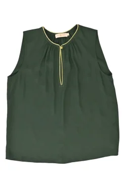 Forest green polyester chiffon pullover keyhole front sleeveless swing top and pleated skirt set