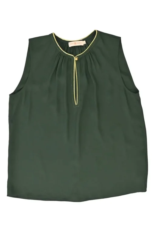 Forest green polyester chiffon pullover keyhole front sleeveless swing top and pleated skirt set
