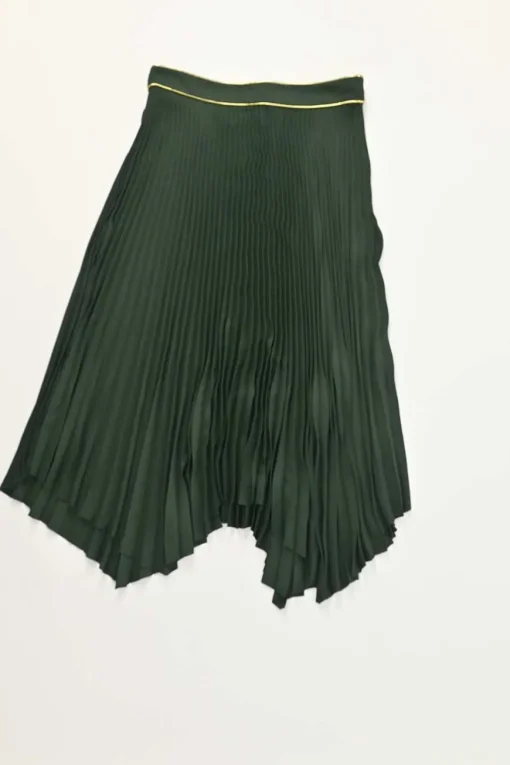 Forest green polyester chiffon pullover keyhole front sleeveless swing top and pleated skirt set