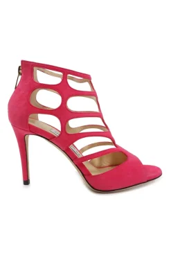 Fuchsia laser-cut suede and leather zip-up caged Ren heeled sandals