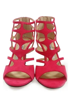 Fuchsia laser-cut suede and leather zip-up caged Ren heeled sandals