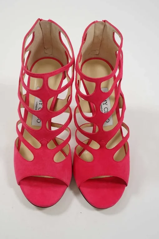 Fuchsia laser-cut suede and leather zip-up caged Ren heeled sandals