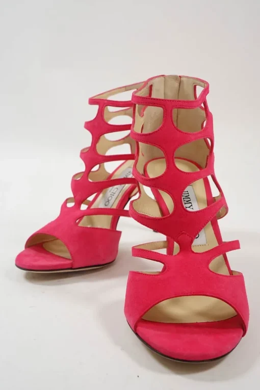 Fuchsia laser-cut suede and leather zip-up caged Ren heeled sandals