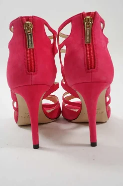 Fuchsia laser-cut suede and leather zip-up caged Ren heeled sandals