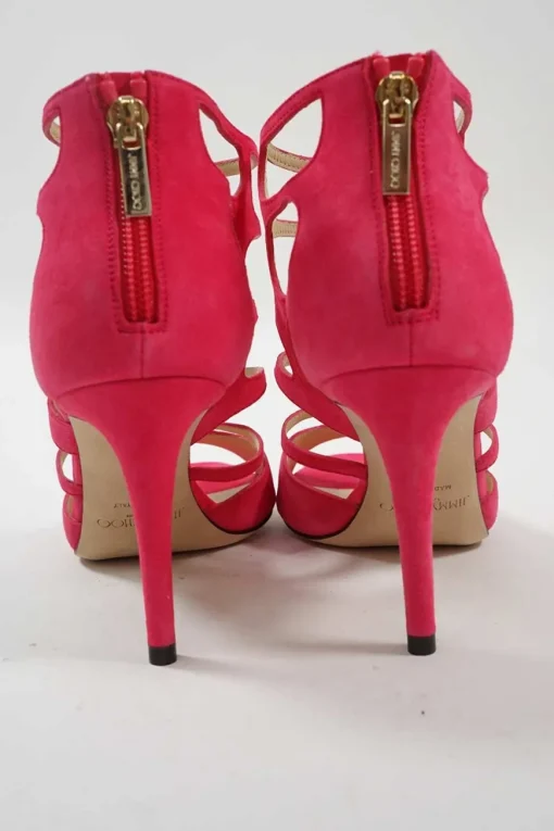 Fuchsia laser-cut suede and leather zip-up caged Ren heeled sandals