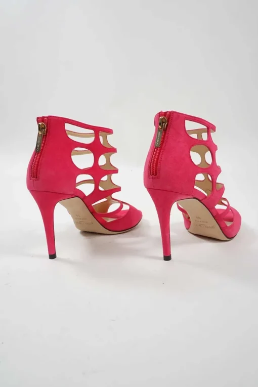 Fuchsia laser-cut suede and leather zip-up caged Ren heeled sandals