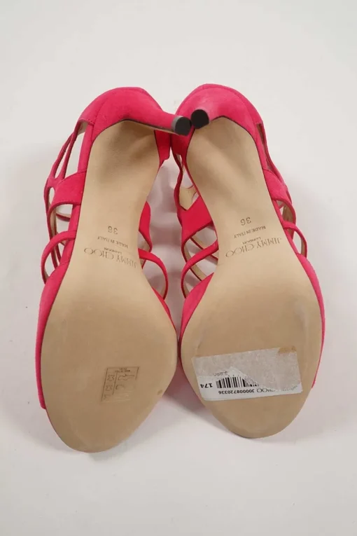 Fuchsia laser-cut suede and leather zip-up caged Ren heeled sandals