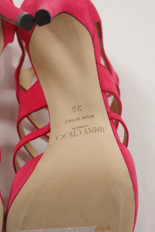 Fuchsia laser-cut suede and leather zip-up caged Ren heeled sandals
