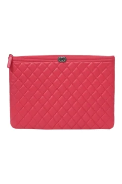 Fuchsia matelassé lambskin leather Large Boy O Case clutch pouch with aged ruthenium hardware