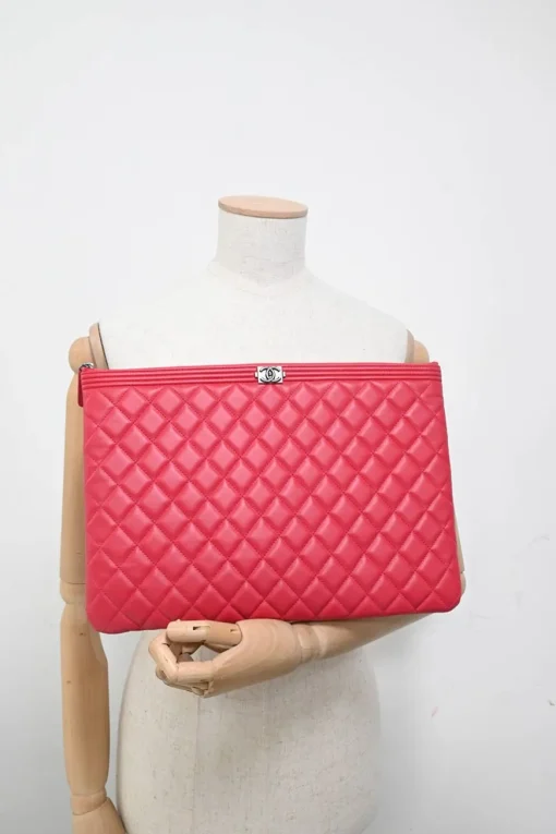 Fuchsia matelassé lambskin leather Large Boy O Case clutch pouch with aged ruthenium hardware