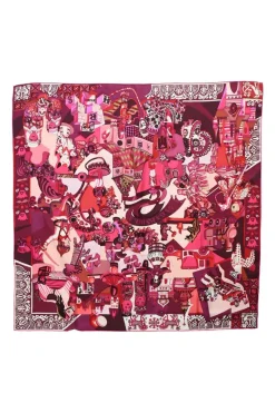 Fuchsia pink silk 'Zabavushka' 90 scarf featuring original artwork by Evgenia Miroshnichenko