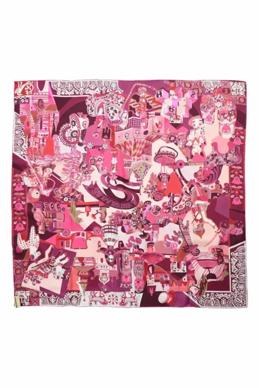 Fuchsia pink silk 'Zabavushka' 90 scarf featuring original artwork by Evgenia Miroshnichenko
