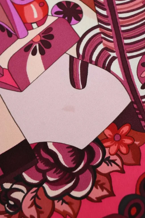 Fuchsia pink silk 'Zabavushka' 90 scarf featuring original artwork by Evgenia Miroshnichenko