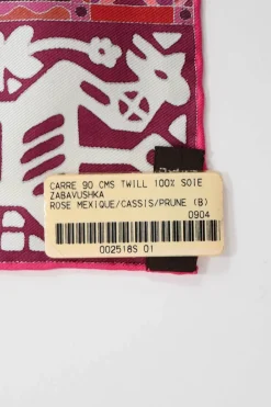 Fuchsia pink silk 'Zabavushka' 90 scarf featuring original artwork by Evgenia Miroshnichenko