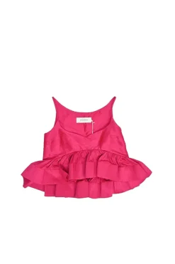 Fuchsia silk dupioni ruffle peplum top and midi skirt two-piece set