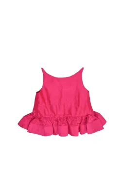 Fuchsia silk dupioni ruffle peplum top and midi skirt two-piece set