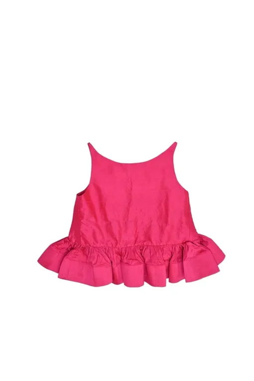 Fuchsia silk dupioni ruffle peplum top and midi skirt two-piece set