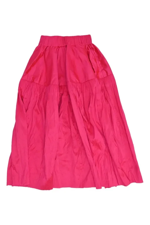 Fuchsia silk dupioni ruffle peplum top and midi skirt two-piece set