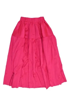 Fuchsia silk dupioni ruffle peplum top and midi skirt two-piece set