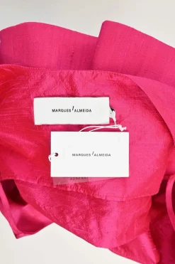 Fuchsia silk dupioni ruffle peplum top and midi skirt two-piece set