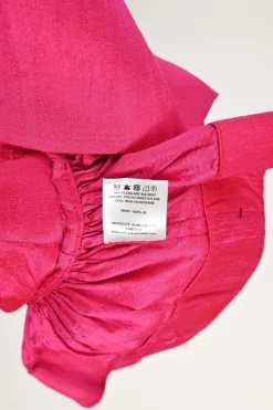 Fuchsia silk dupioni ruffle peplum top and midi skirt two-piece set