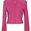 Fuchsia suede single breasted stand collar zip-up jacket and slit pencil skirt suit set