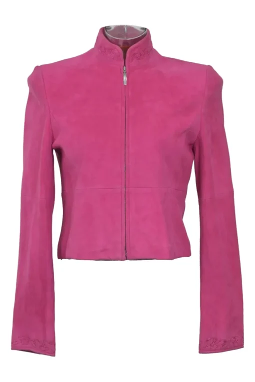Fuchsia suede single breasted stand collar zip-up jacket and slit pencil skirt suit set