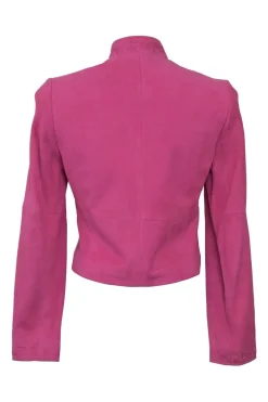 Fuchsia suede single breasted stand collar zip-up jacket and slit pencil skirt suit set