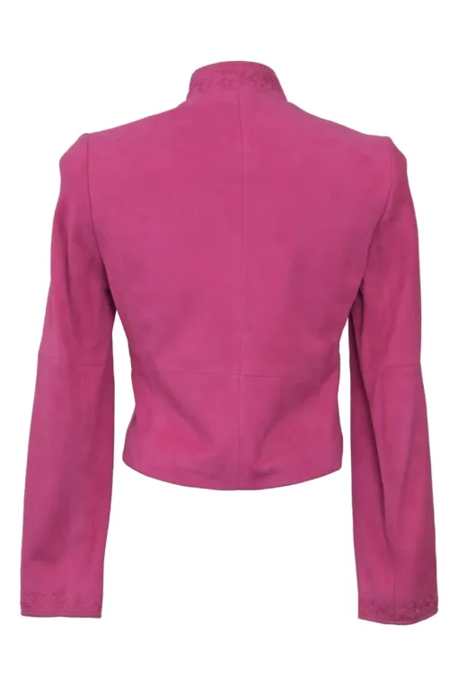 Fuchsia suede single breasted stand collar zip-up jacket and slit pencil skirt suit set