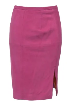 Fuchsia suede single breasted stand collar zip-up jacket and slit pencil skirt suit set
