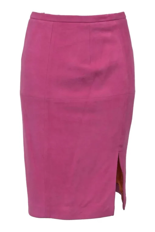 Fuchsia suede single breasted stand collar zip-up jacket and slit pencil skirt suit set