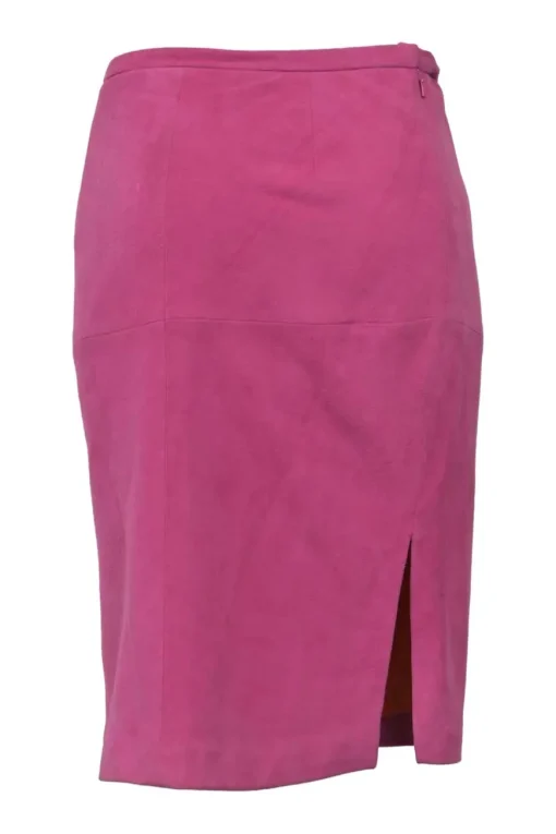 Fuchsia suede single breasted stand collar zip-up jacket and slit pencil skirt suit set