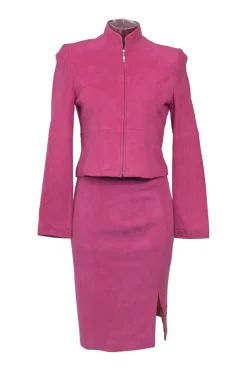 Fuchsia suede single breasted stand collar zip-up jacket and slit pencil skirt suit set