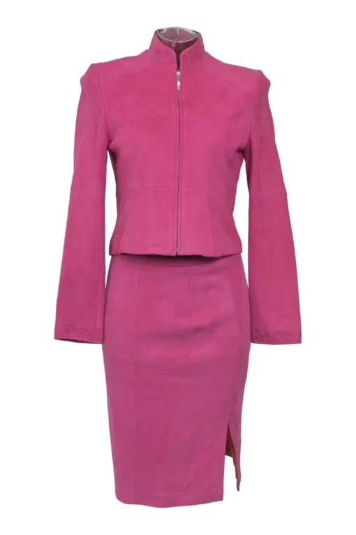 Fuchsia suede single breasted stand collar zip-up jacket and slit pencil skirt suit set