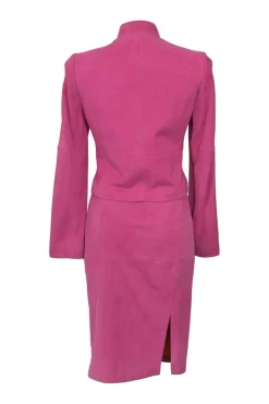 Fuchsia suede single breasted stand collar zip-up jacket and slit pencil skirt suit set