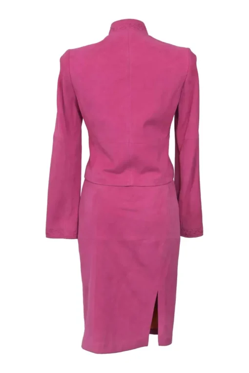 Fuchsia suede single breasted stand collar zip-up jacket and slit pencil skirt suit set