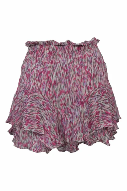 Fuchsia viscose abstract print Sornel pull-on tier ruffle wide-leg shorts
