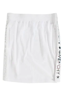 Givenchy white sports skirt with elasticated waist band, drawstring, side pockets with zips, and branding in mirror letters on sides