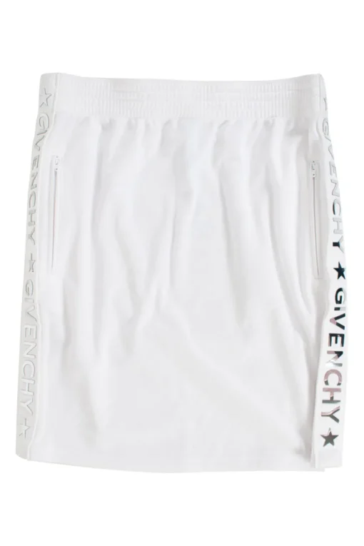 Givenchy white sports skirt with elasticated waist band, drawstring, side pockets with zips, and branding in mirror letters on sides